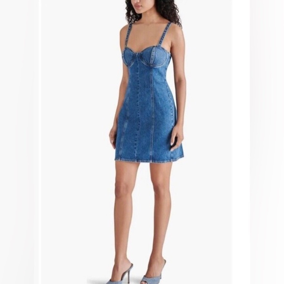 Steve Madden Corset bustier style Mini Blue Jeans denim‎ Dress size large new - Picture 1 of 3